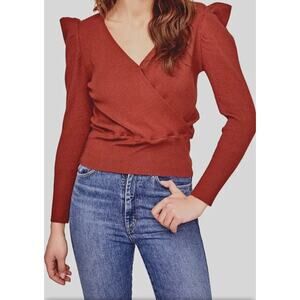 ASTR the Label Suki Puff Sleeve Surplice V-neck Wrap Sweater Large Rust Brown
